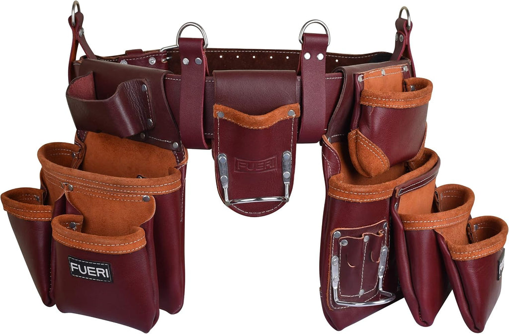 FUERI Leather Tool Belts for Men, Heavy-Duty Durable Carpenter Tool Rig Organizer With 19 Pockets-2 Pouches, Double Hammer Holder, Suspender Loops, And A Foam-Padded Belt for Framers, And Electricians