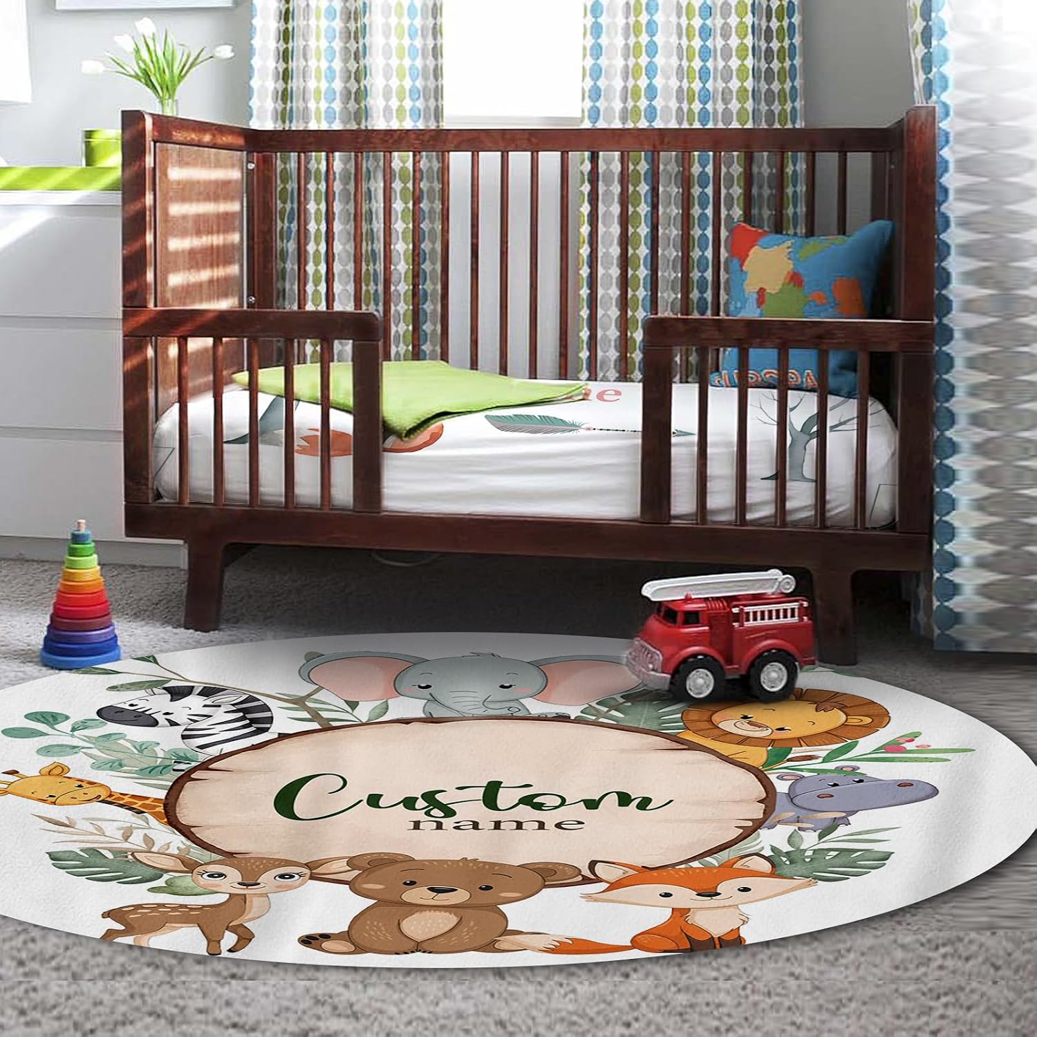 TOOTANN Custom Baby Crib Bedding Set, 5 Pcs Personalized Name Baby Crib Sheets for Kid Toddler Infant, Forest Animals and Tree Stumps Nursery Bedding Set