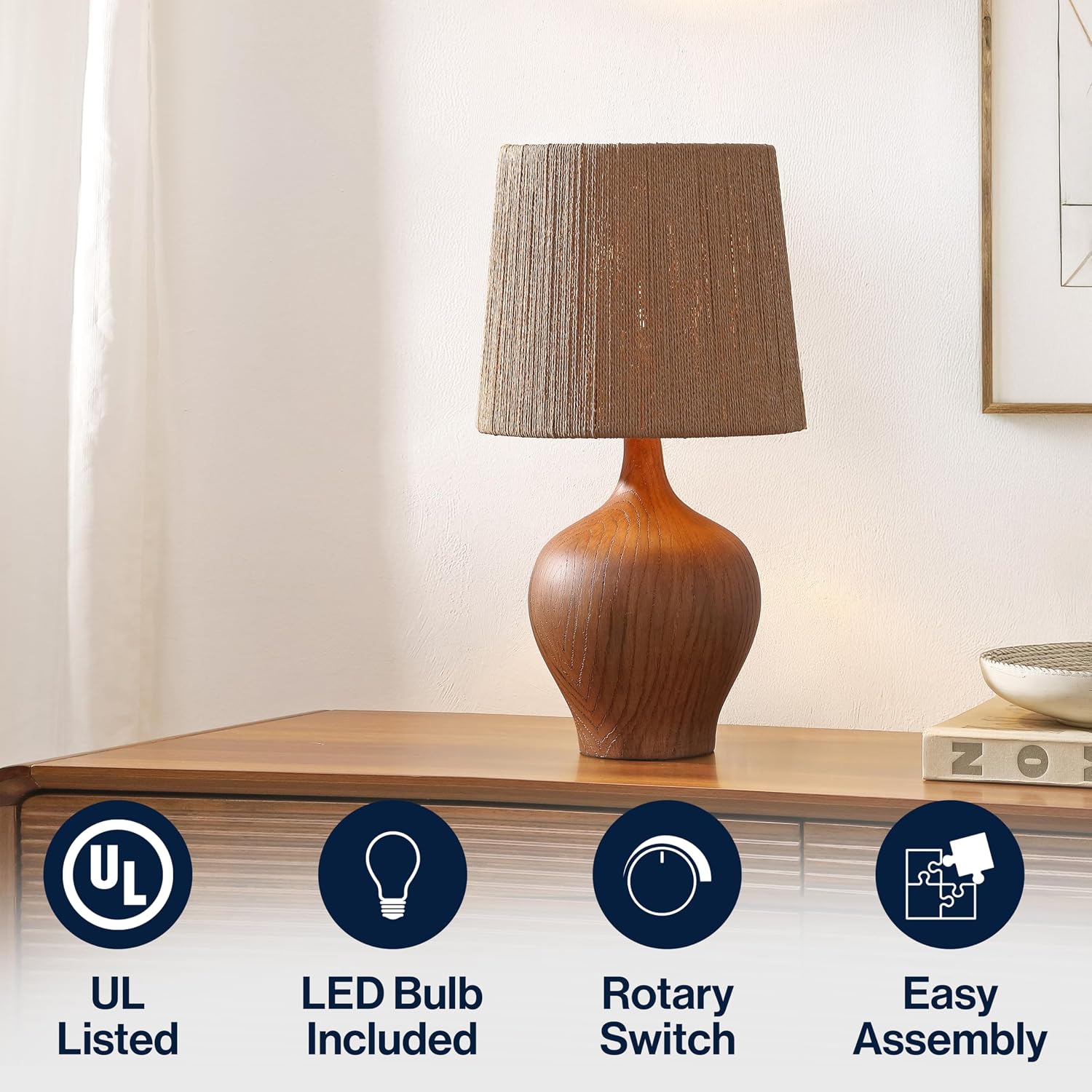 JONATHAN Y 23' Brown Wood Finish Rustic Farmhouse Resin Gourd LED Table Lamp for Bedroom, Living Room, Nightstand, with Brown Paper Rope Shade, LED Bulb Included JYL9200A