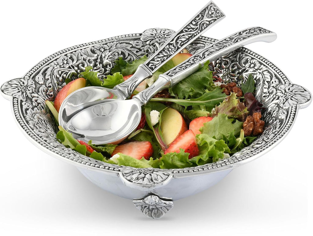 Arthur Court Concho Pattern Salad Bowl with Serving Set 11.75' Diameter 3.5' Tall - 3 Pieces - Aluminum Metal