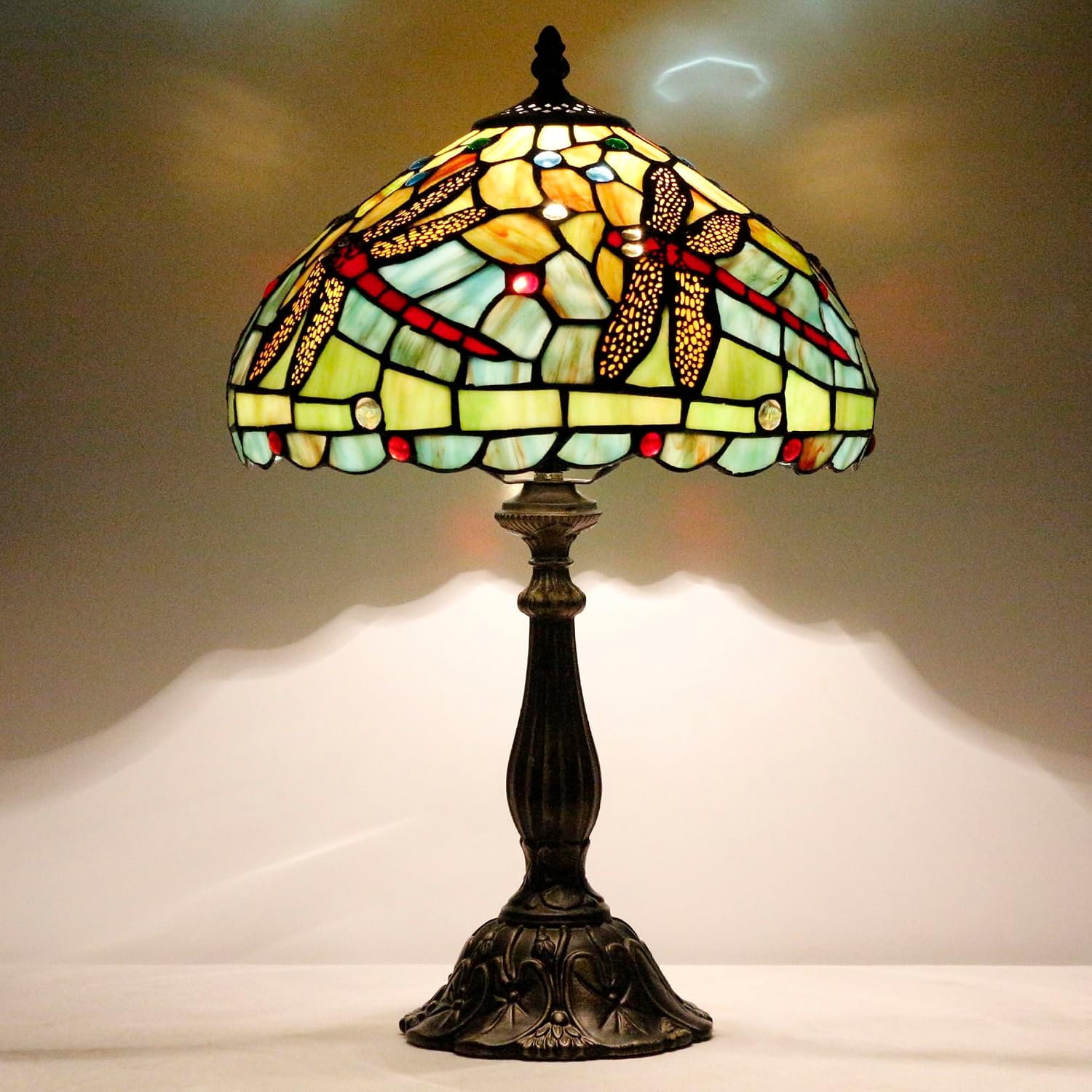 Tiffany Lamp Touch Control Table Lamp Red Stained Glass Desk Lamp 12X12X19 Inches Dragonfly Style Reading Light