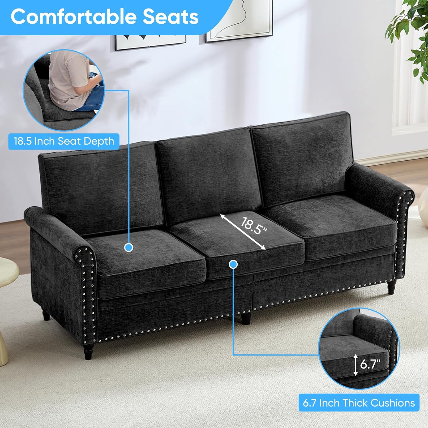 Mjkone 76' Chenille Sofa Couch, 3-Seater Living Room Sofa with Wood Frame, Gourd Shape Wood Legs, 6.7' Thickened Soft Cushion, Rivet Design, Mid Century Modern Couch for Small Spaces, Apartment, Black