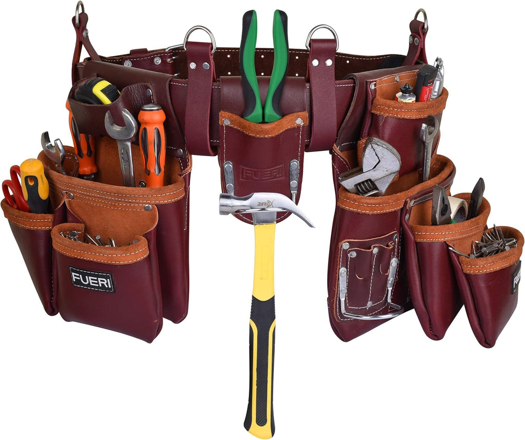 FUERI Leather Tool Belts for Men, Heavy-Duty Durable Carpenter Tool Rig Organizer With 19 Pockets-2 Pouches, Double Hammer Holder, Suspender Loops, And A Foam-Padded Belt for Framers, And Electricians