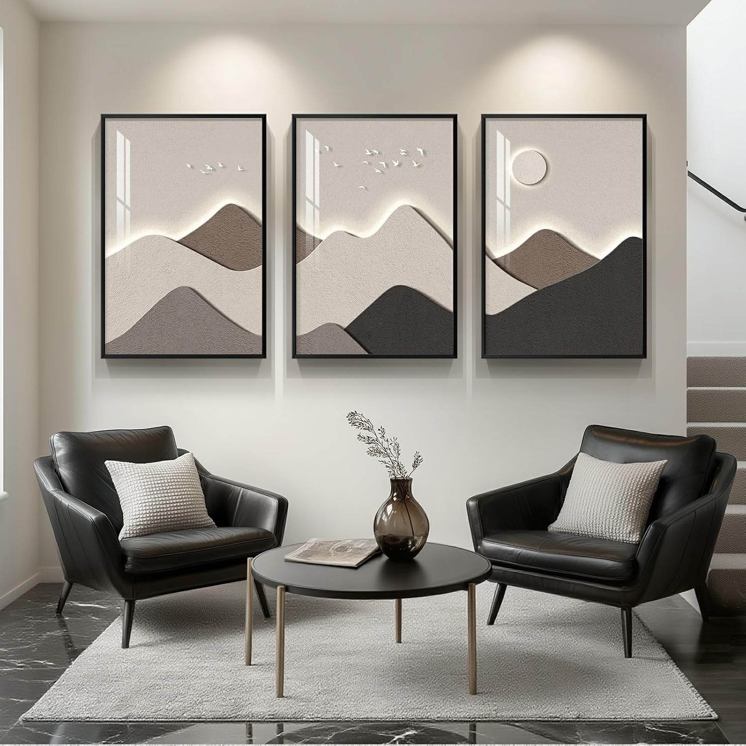 Framed Neutral Abstract Wall Art for Living Room, Large 3 Piece Modern Mountain Bright Style Painting Prints, Brown Minimalist Landscape Artworks for Dining Room Office Wall Decor, 24x36 In