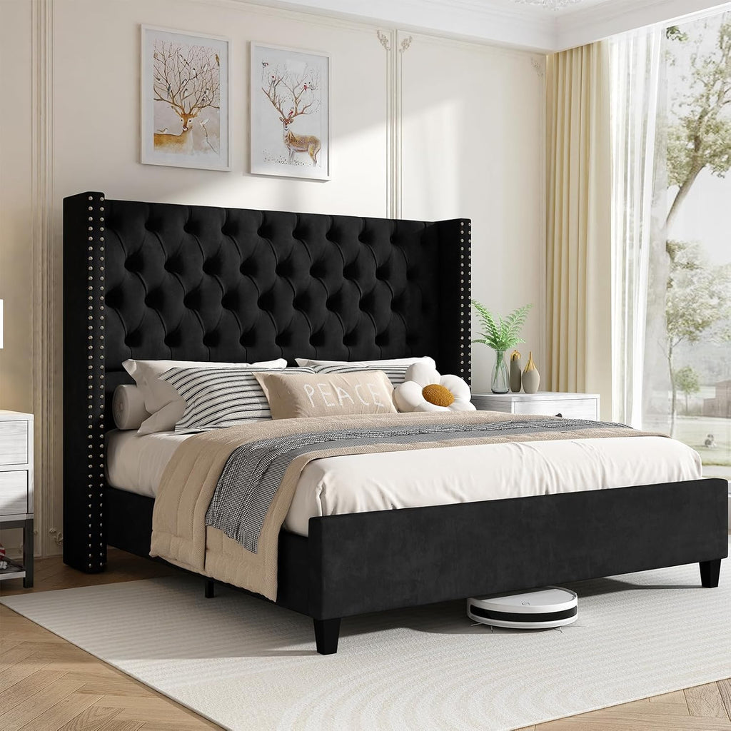 Jocisland Queen Size Velvet Upholstered Platform Bed Frame with 52' Tall Wingback Headboard, Deep Button Tufting, No Box Spring Required, Elegant Black