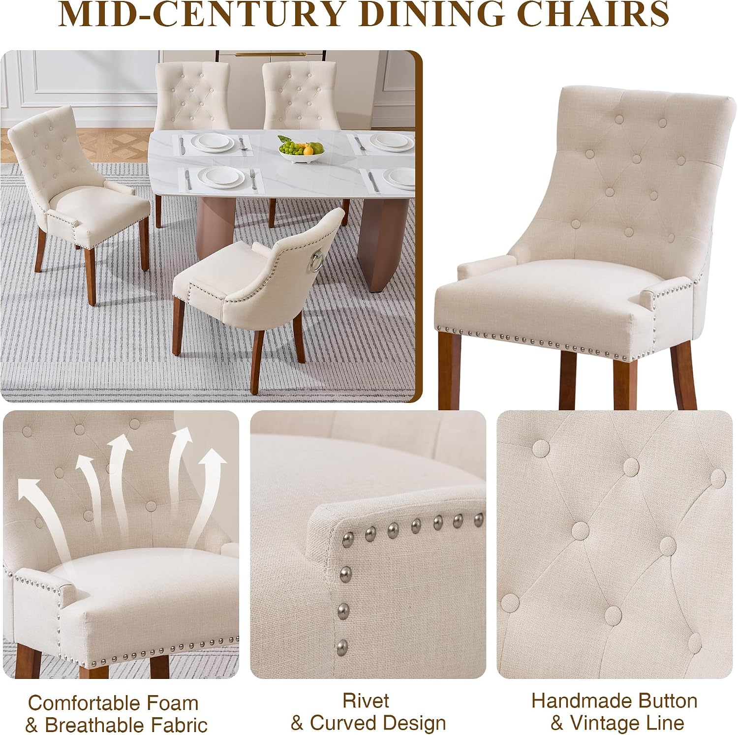 adochr Dining Chairs Set of 4, Upholstered Fabric Dining Room Chairs with Nailhead High Back & Ring Pull & Wooden Legs, Mid-Century Modern Kitchen Chairs for Restaurant, Living Room, Beige
