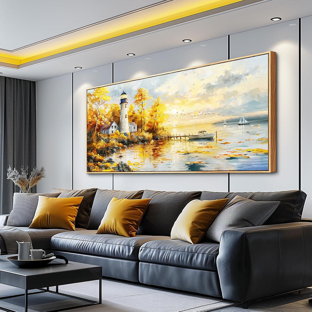 XIGUANGART Extra Large Wall Art for Living Room Modern Framed Coastal Beachy Canvas Wall Art Big Floral Sunrise Yellow Wall Picture Lighthouse Nature Sunset Artwork for Office Bedroom Decor 32x72 In