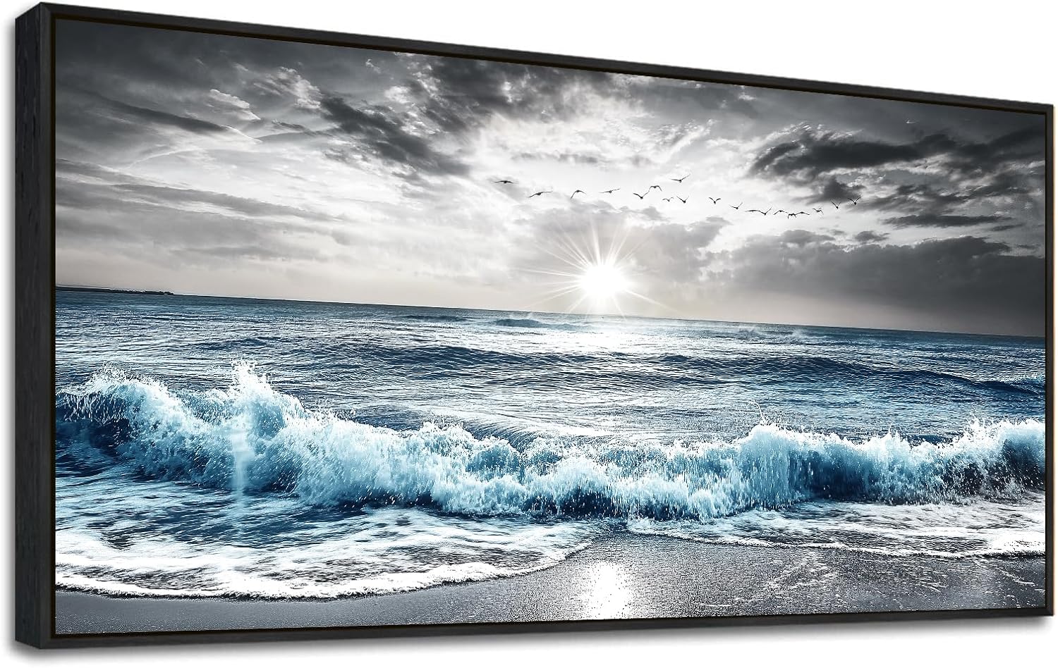 KELIYUAN Large Canvas Wall Decor For Living Room Wall Art For Bedroom Office Wall Decorations Black Frame Beach Wave Scenery Pictures Artwork For Modern Stretched and Framed Beach Posters 24'X48'