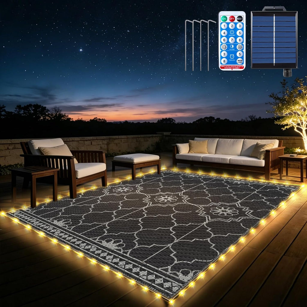 9x12Ft Outdoor Rug, Solar Powered Outdoor Rug with 131LEDs Strip Lights for House Deck, Waterproof Plastic Reversible Outdoor Straw Rugs, Rugs Mat RV Camping Patio Beach Balcony Picnic (Black Gray)