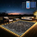 9x12Ft Outdoor Rug, Solar Powered Outdoor Rug with 131LEDs Strip Lights for House Deck, Waterproof Plastic Reversible Outdoor Straw Rugs, Rugs Mat RV Camping Patio Beach Balcony Picnic (Black Gray)