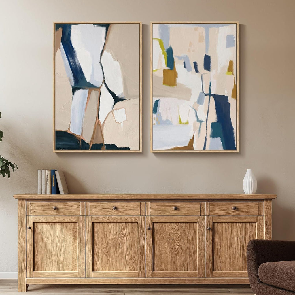 Large Framed Neutral Abstract Wall Art for Living Room, Set of 2 Bright Modern Canvas Prints Paintings Artwork for Walls, Colorful Abstract Pictures for Hallway Stair Bedroom Office Wall Decor 24x36 In