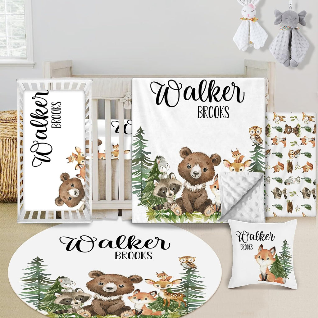 Custom Baby Crib Bedding Set - 5 Piece Nursery Crib Set Woodland Animals Design - Personalized Name Blanket with Dotted Backing, Crib Sheet, Changing Pad Cover, Pillow Cover, Rug for Newborns Color01