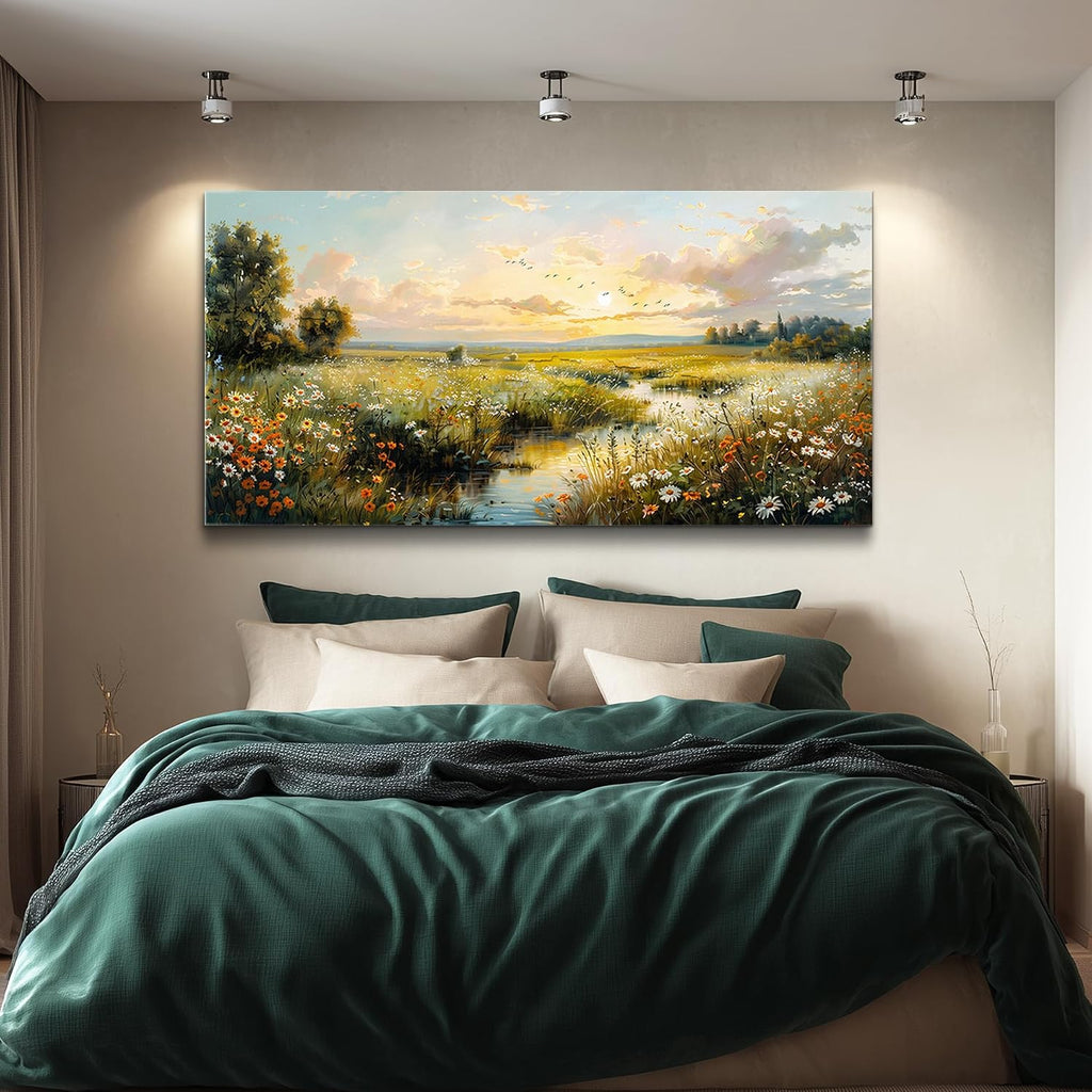 XIGUANGART Rustic Landscape Wall Art Canvas Prints Nature River Meadow flowers Wall Decor Sunset Pastoral Abstract Pictures Modern Artwork for Living Room Bedroom Kitchen Office Large Home Decorations
