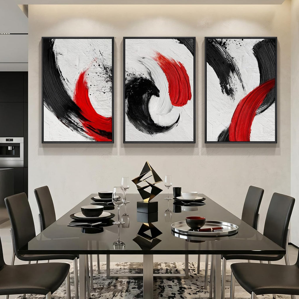 Large Framed Red Black White Abstract Wall Art for Living Room, 3 Piece Modern Canvas Prints Paintings Artwork for Walls, Red Black Minimalist Pictures for Bedroom Hallway Office Wall Decor 24x36 In