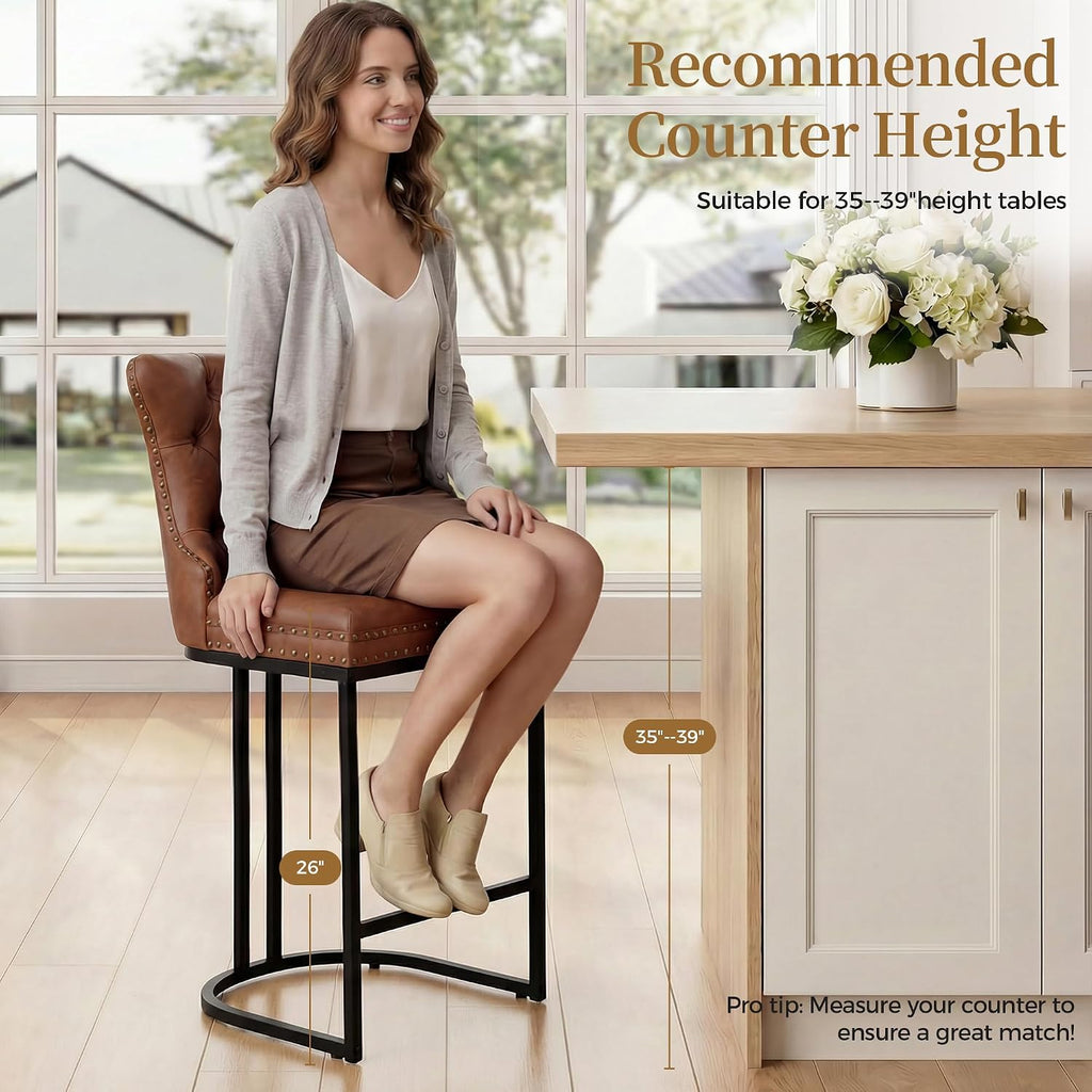 AQO Counter Height Bar Stools Set of 2 for Kitchen Island, Modern Bar Stools with Backs, 26 Inch Barstools with Upholstered Faux Leather Seat and Footrest, Brown