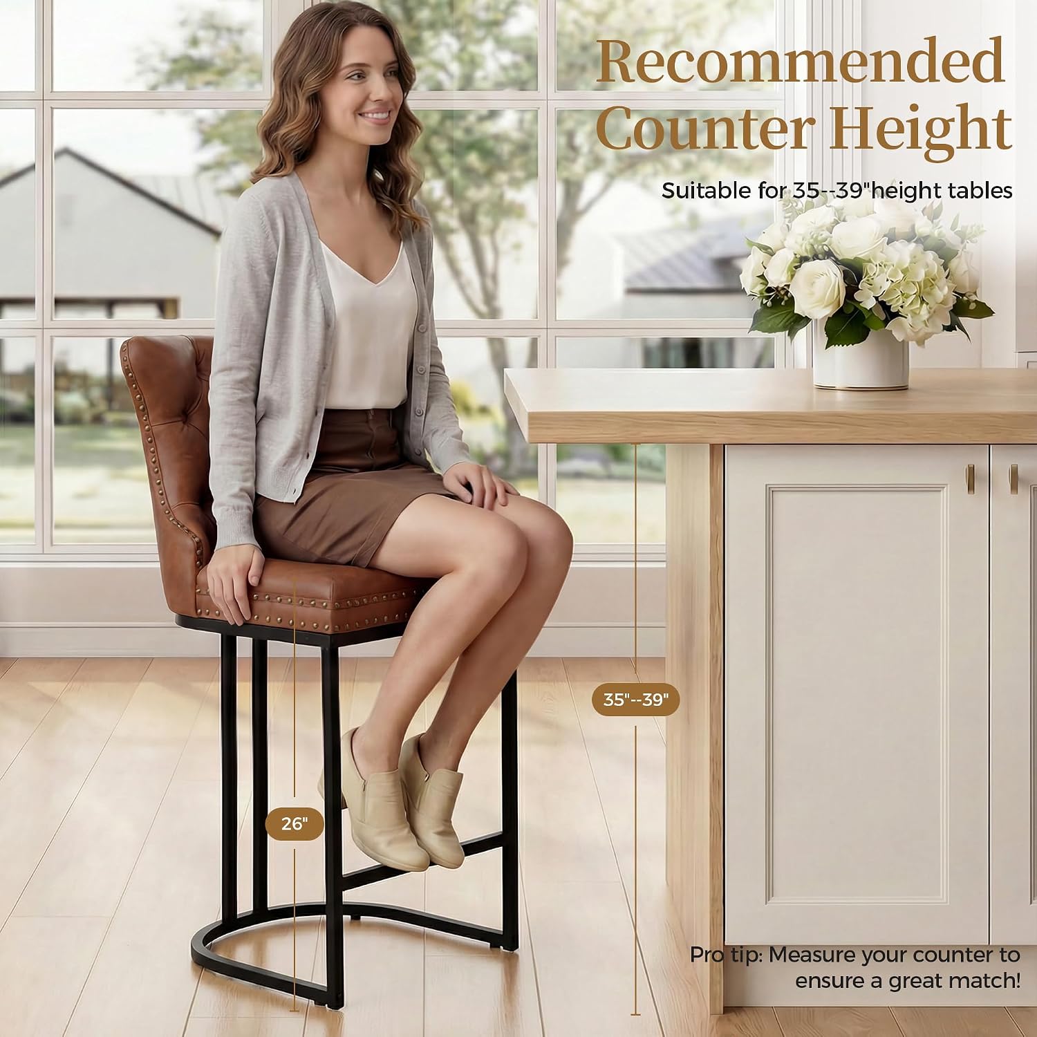 AQO Counter Height Bar Stools Set of 2 for Kitchen Island, Modern Bar Stools with Backs, 26 Inch Barstools with Upholstered Faux Leather Seat and Footrest, Brown