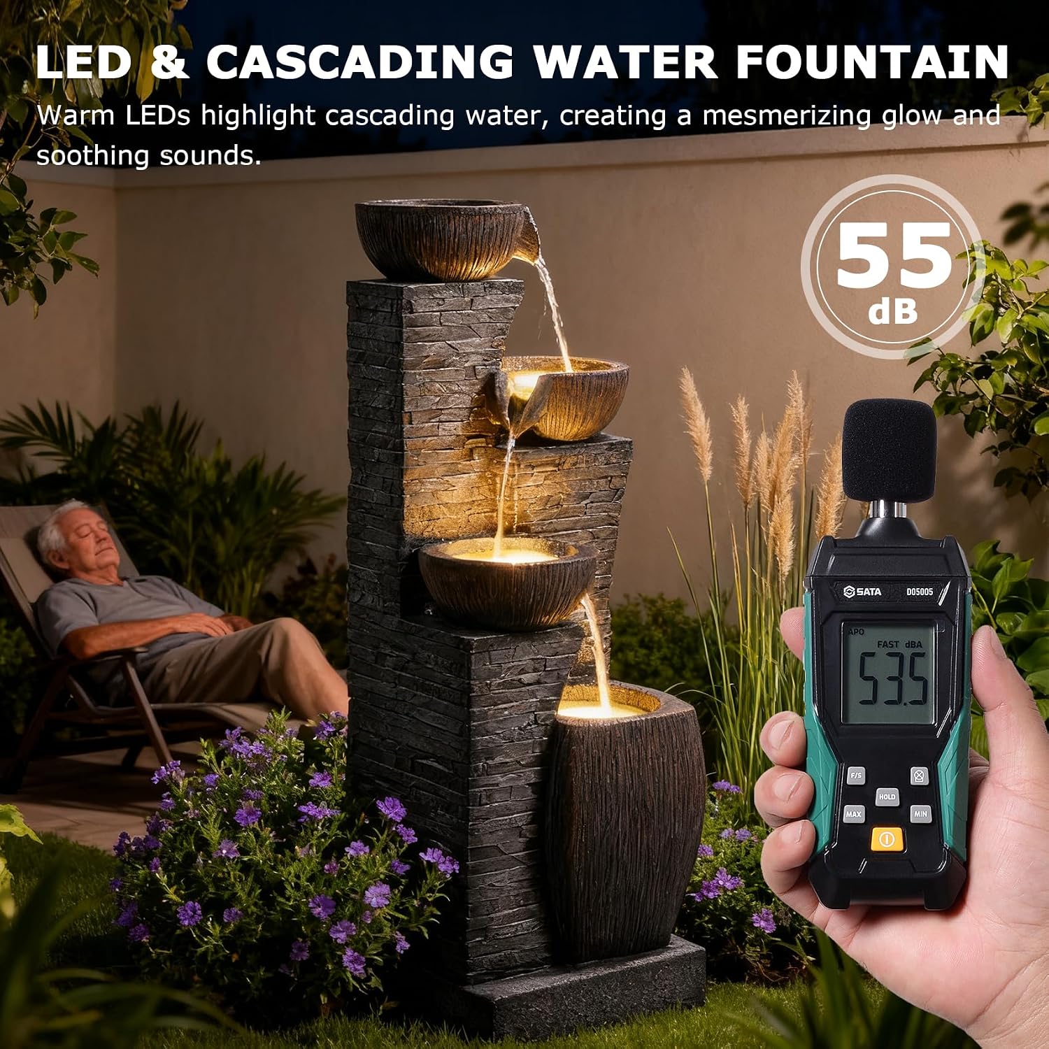 38.2' Tall Water Fountain Outdoor Garden,4 Tiers Modern Cascading Bowls and Stacked Stones Indoor Fountains with LED Lights for Garden, Patio, Deck, Porch, Backyard and Home Art Decor(Grey)
