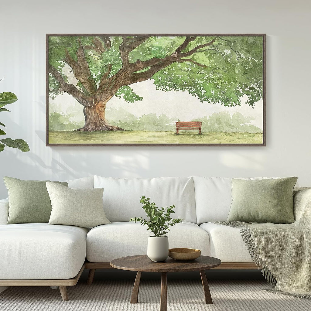Extra Large Framed Landscape Canvas Wall Art for Living Room - Contemporary Big Tree Shade Sage Green Painting with Park Bench, Nature Artwork Prints for Bedroom Home Office Nursery Hallway 30x60 Inch