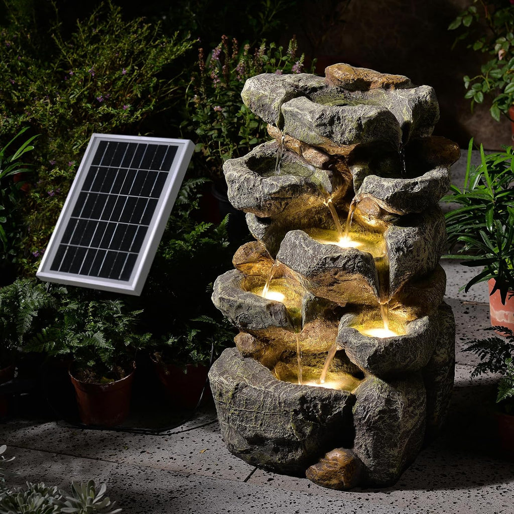 Solar Water Fountain Outdoor Garden,5 Tiered Cascading Rock Solar Powered Water Fountain Water Fall Fountains Outside with Lights for Backyard, Patio, Deck, Porch, 19.3' H x 12.2' L x 9.5' W