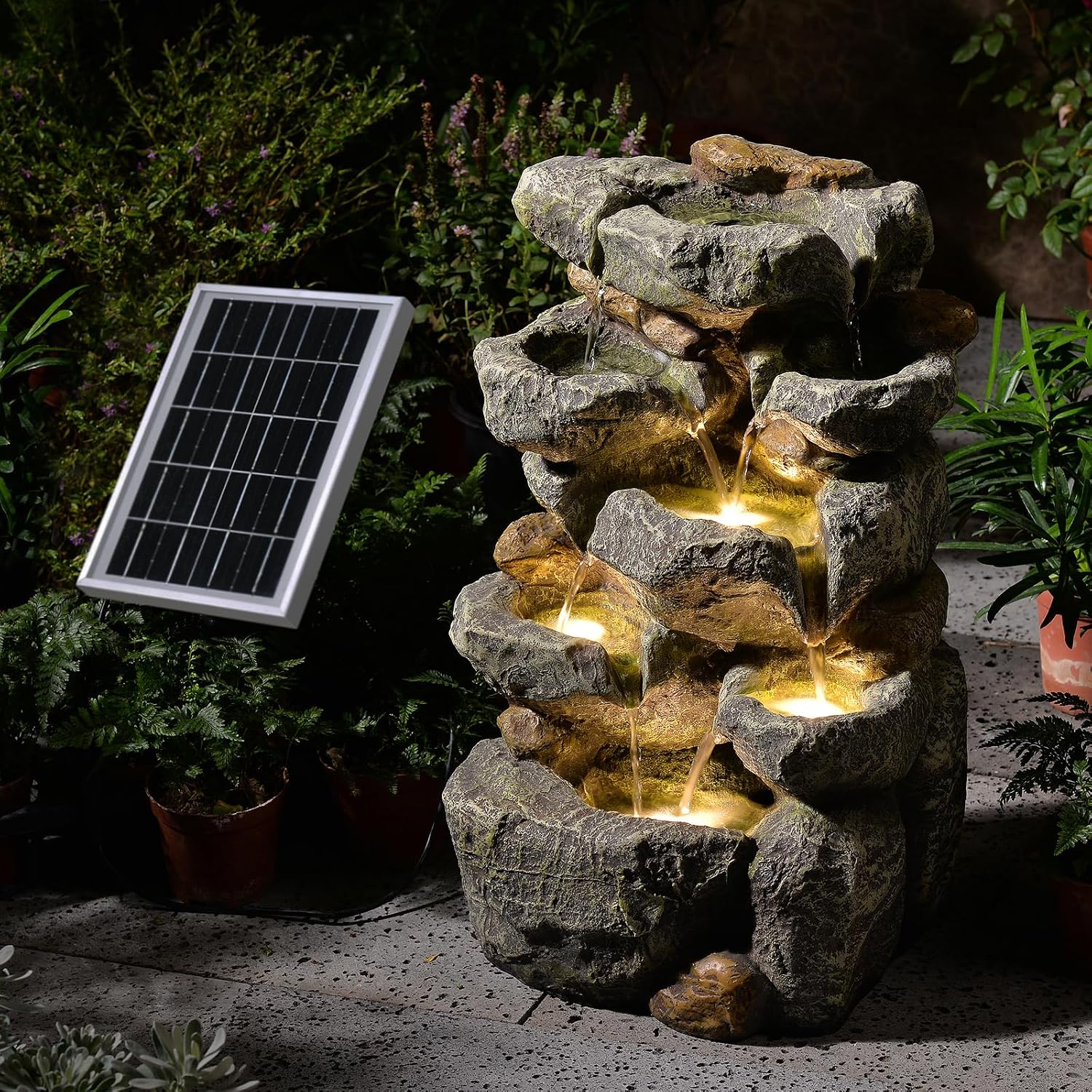 Solar Water Fountain Outdoor Garden,5 Tiered Cascading Rock Solar Powered Water Fountain Water Fall Fountains Outside with Lights for Backyard, Patio, Deck, Porch, 19.3' H x 12.2' L x 9.5' W