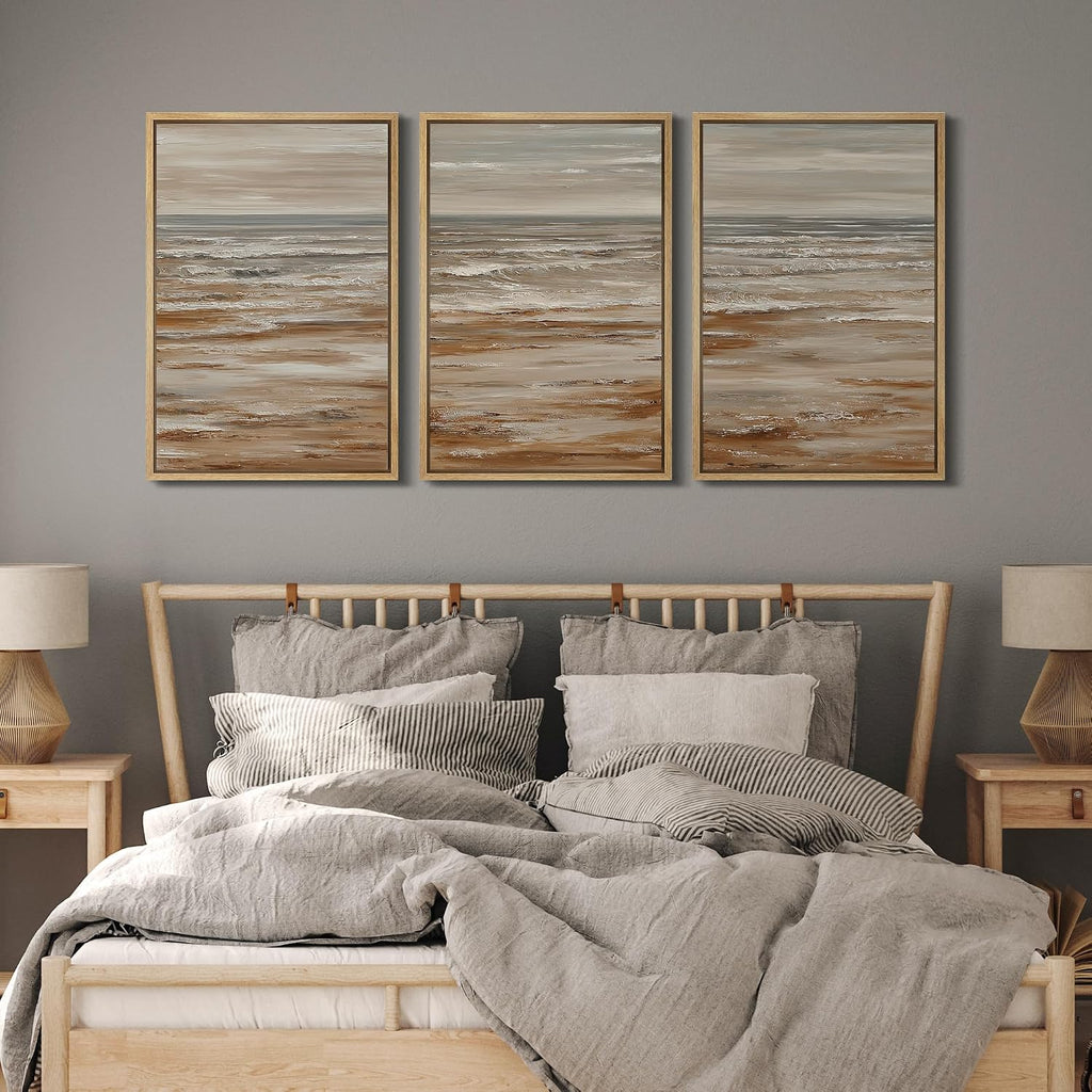MUDECOR Framed Wall Art Print Set Neutral Coastal Seascape Minimalist Ocean Waves and Sandy Shore Illustrations Modern Art Boho Decorative for Living Room, Bedroom, Office - 24'x36'x3 NATURAL