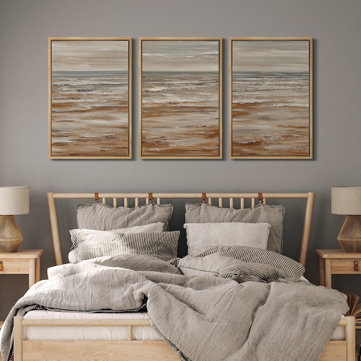 MUDECOR Framed Wall Art Print Set Neutral Coastal Seascape Minimalist Ocean Waves and Sandy Shore Illustrations Modern Art Boho Decorative for Living Room, Bedroom, Office - 24'x36'x3 NATURAL