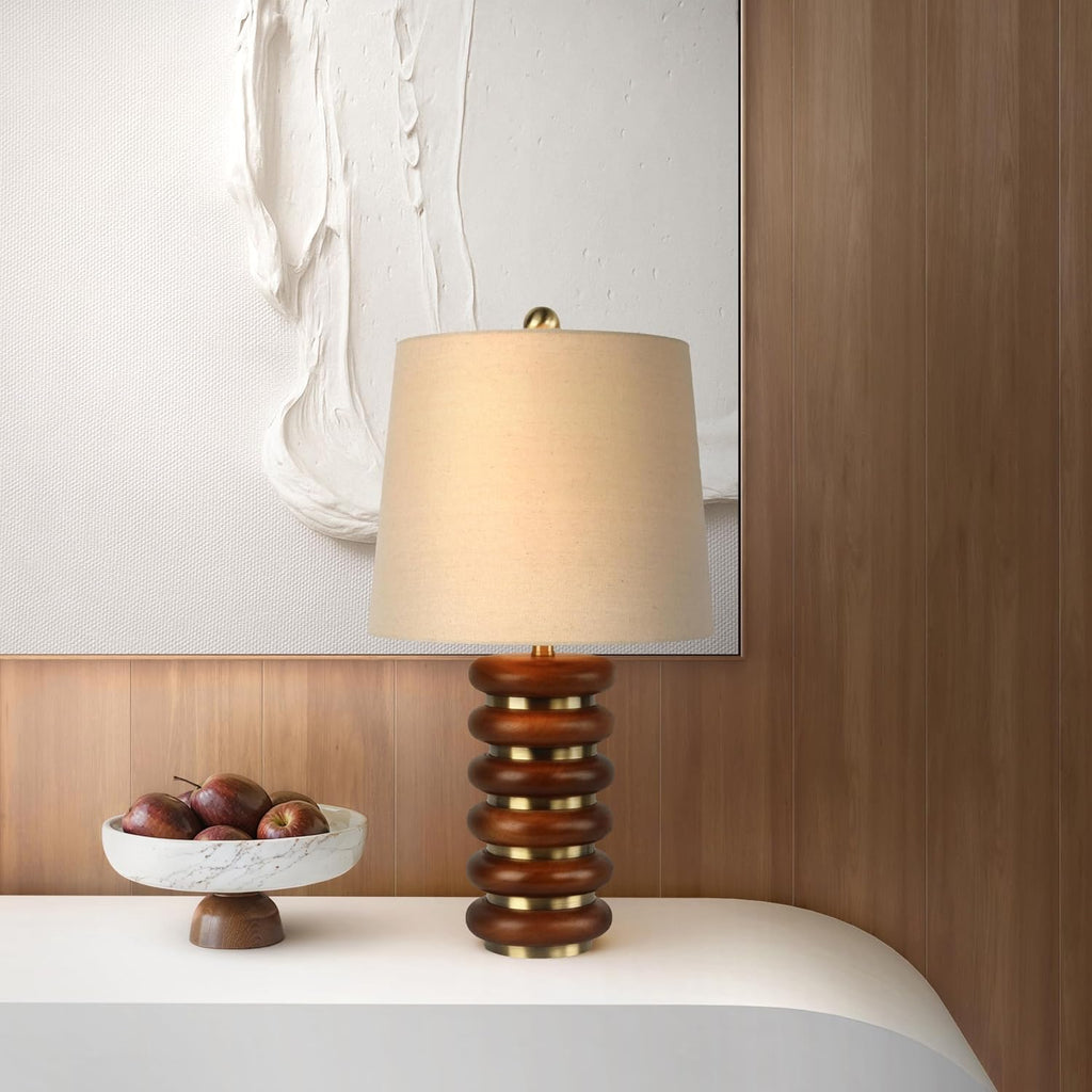Abani Table Lamp Thalia Stacked Ring 21.5' – Mid-Century Modern Brown Wood Base with Wheat Linen Shade – E26 Bulb Included – Stylish Desk Lamp for Bedroom, Living Room, Dorm or Nightstand