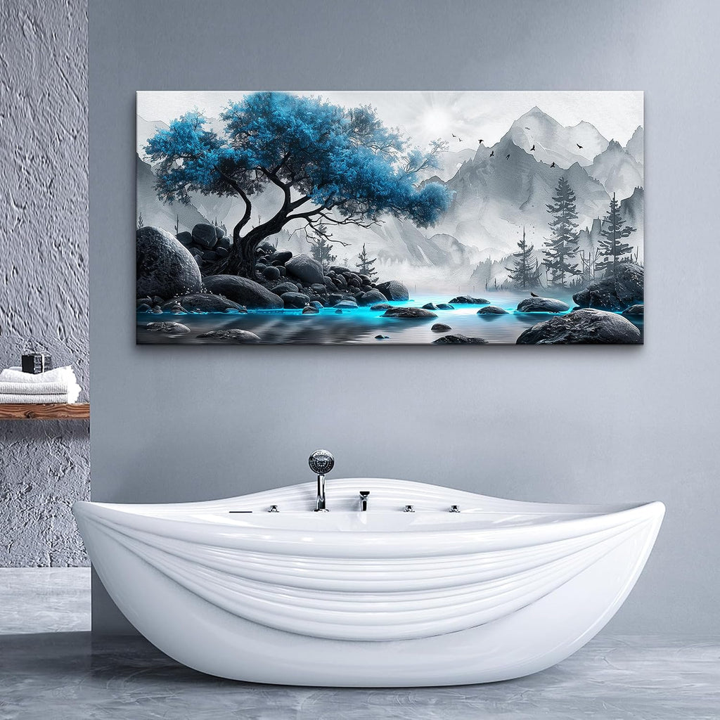 Lapremoly Large Canvas Wall Art For Living Room, Office, Bedroom - Black And White Painting - Blue Tree Landscape - Hotel Artwork - Family Home Decor