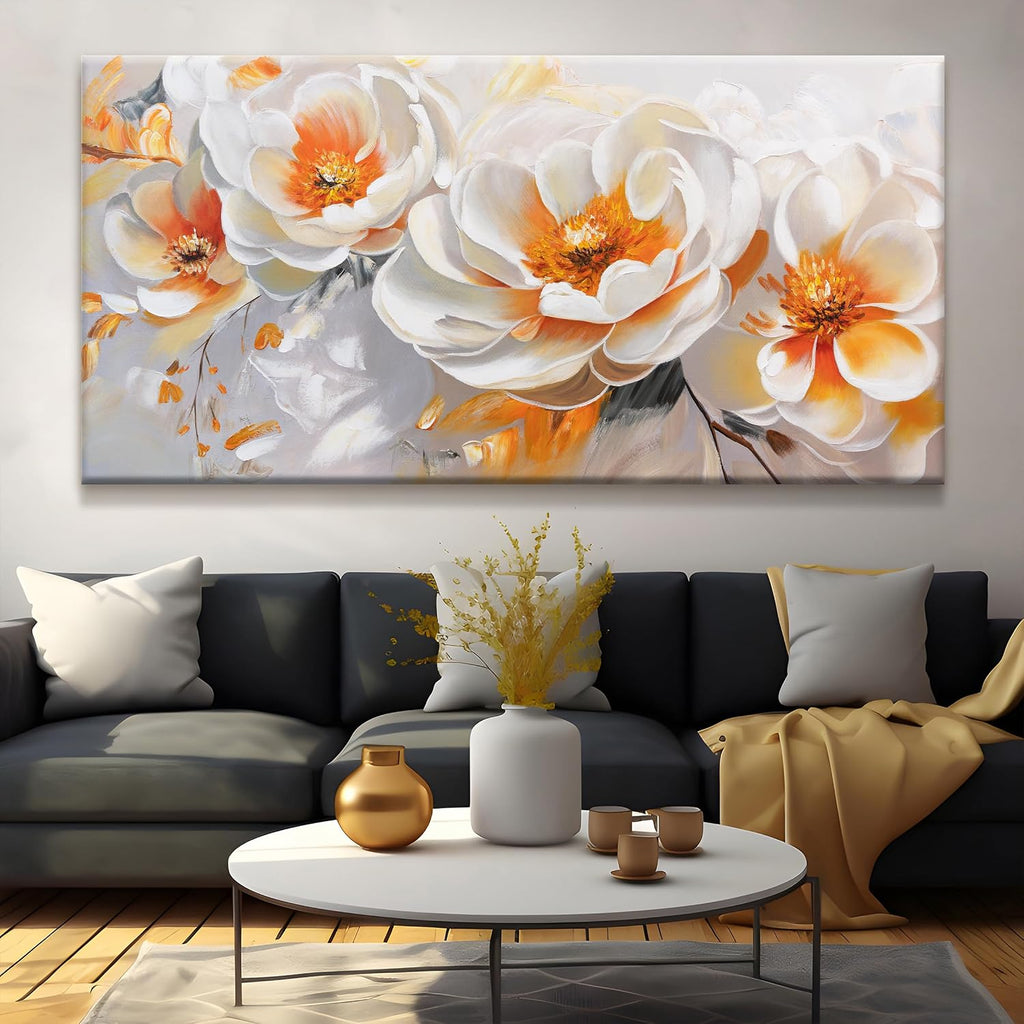 Suconvng Large Wall Art For Living Room Floral Wall Artwork Modern Canvas Art Wall Decor 29' X 58' Painting Orange White Flower Wall Art For Bedroom Home Office Dining Room Home Decoration