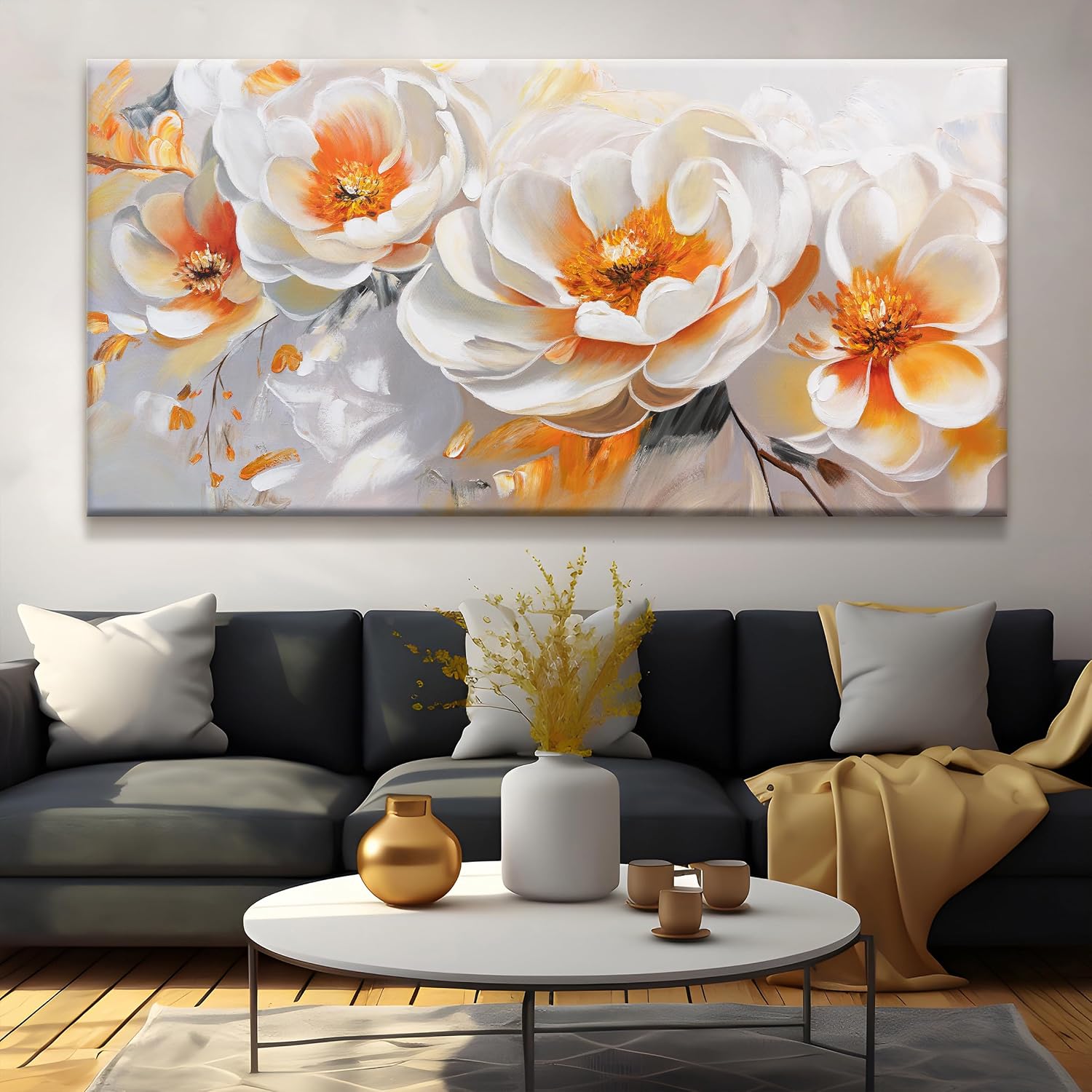 Suconvng Large Wall Art For Living Room Floral Wall Artwork Modern Canvas Art Wall Decor 29' X 58' Painting Orange White Flower Wall Art For Bedroom Home Office Dining Room Home Decoration