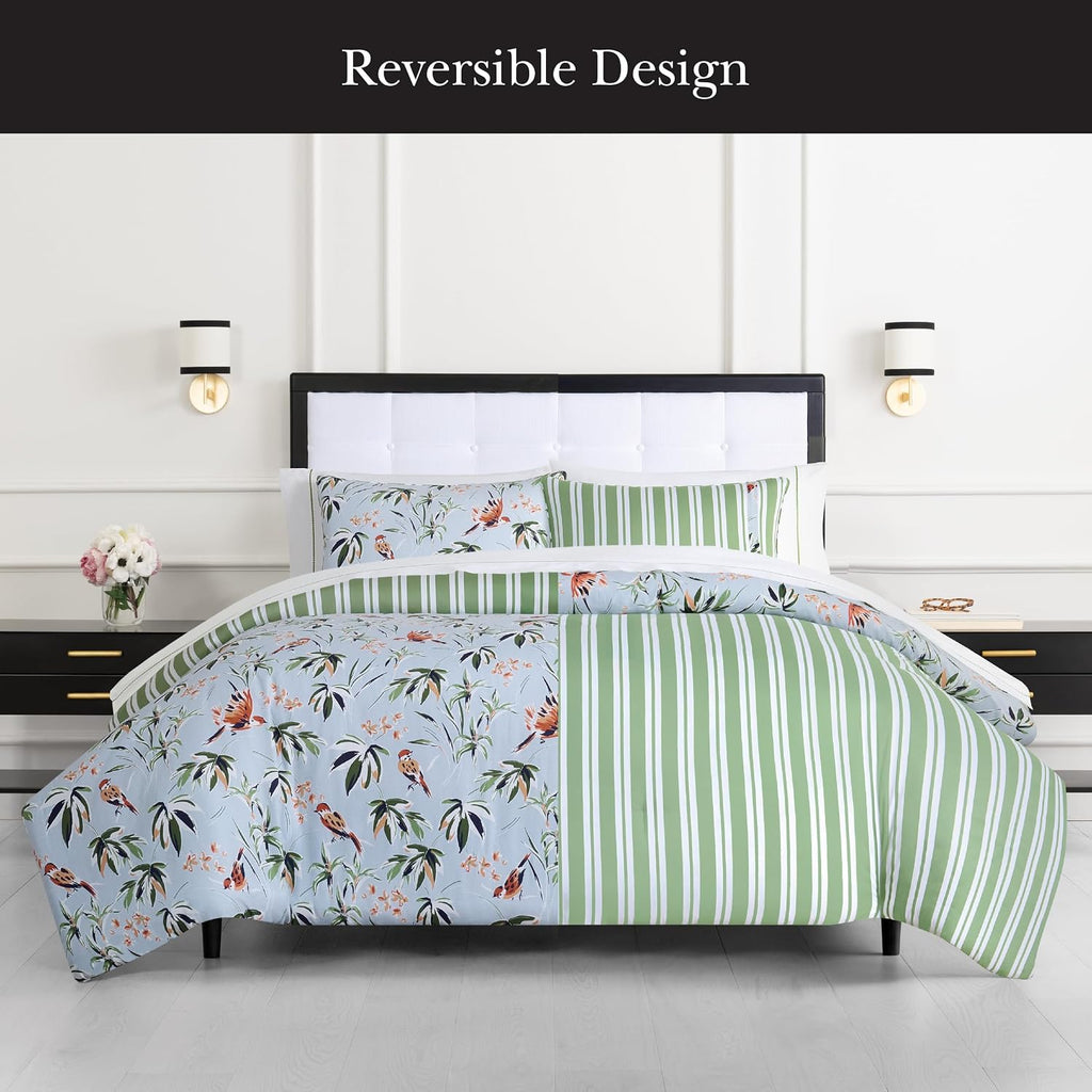 kate spade new york Bird Garden King Comforter Set, 300 Thread Count Cotton Reversible Cover, All Season 3 Piece Bedding, Machine Washable, Floral Multicolor