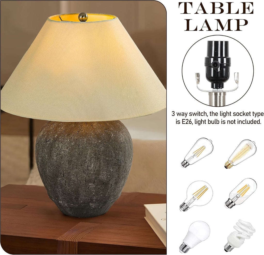 Pia Ricco 21'' Large Gray Base Ceramic Basin Table Lamp Set of 2 for Bedroom, Living Room, Dining Room, Office, White Shade