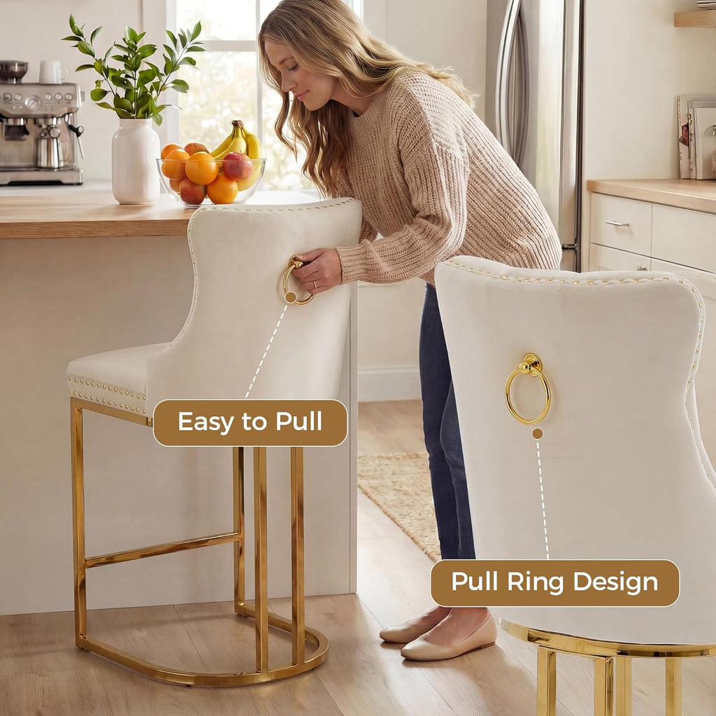 AQO Counter Height Bar Stools Set of 3 for Kitchen Island, Modern Bar Stools with Backs, 26 Inch Barstools with Upholstered Velvet Seat and Gold Legs, Beige