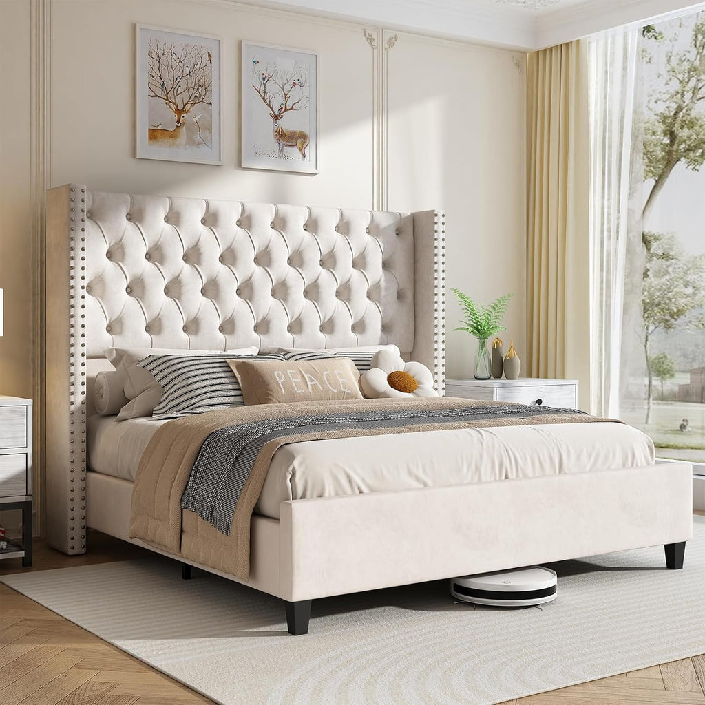 Jocisland King Size Bed Frame Velvet Upholstered Platform Bed with 51.6' Tall Wingback Headboard Deep Button Tufted, No Box Spring Needed, Cream
