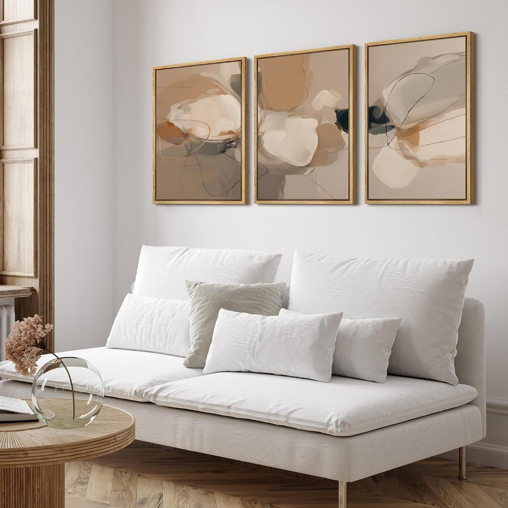 SIGNFORD Framed Canvas Print Wall Art Set Abstract Organic Flow Earthy Tones with Gentle Curves Illustrations Modern Art Relax/Calm for Living Room, Bedroom, Office - 24'x36'x3 Natural