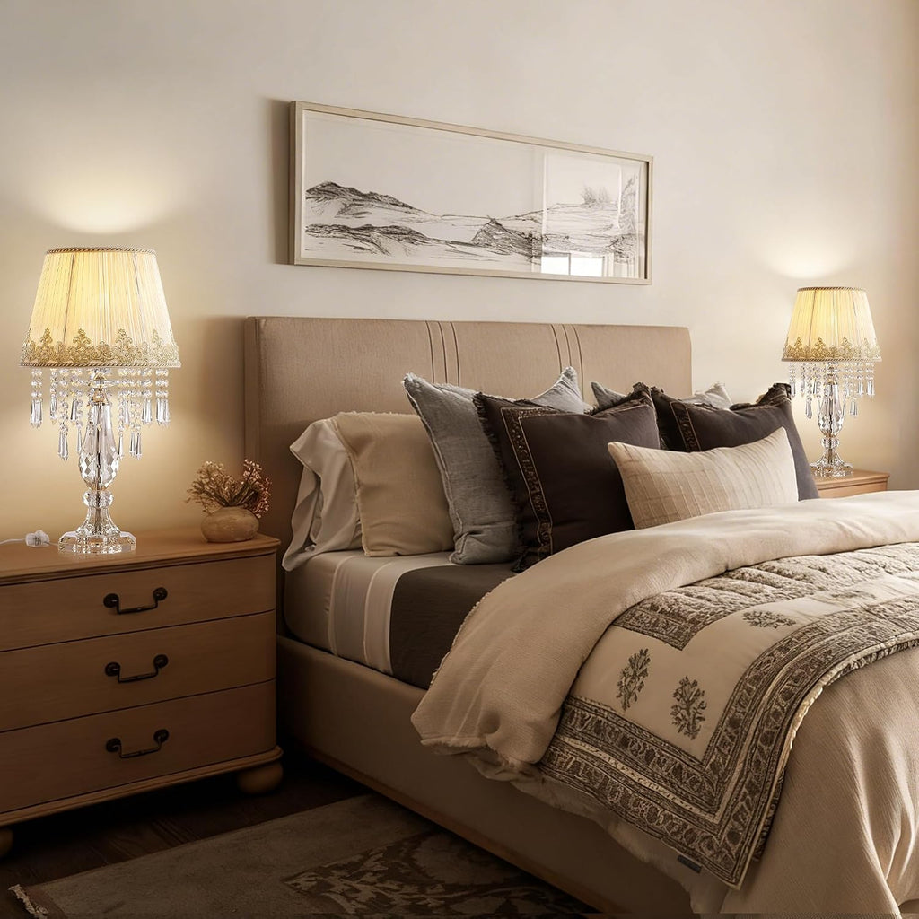 Crystal Table Lamp Set of 2, Bedside Lamps with Beige Chiffon Fabric Lampshade, Dimmable Plug-in Nightstand Reading Lamps with Raindrop Crystals for Bedroom, Living Room, W11.8'' X H21.7''