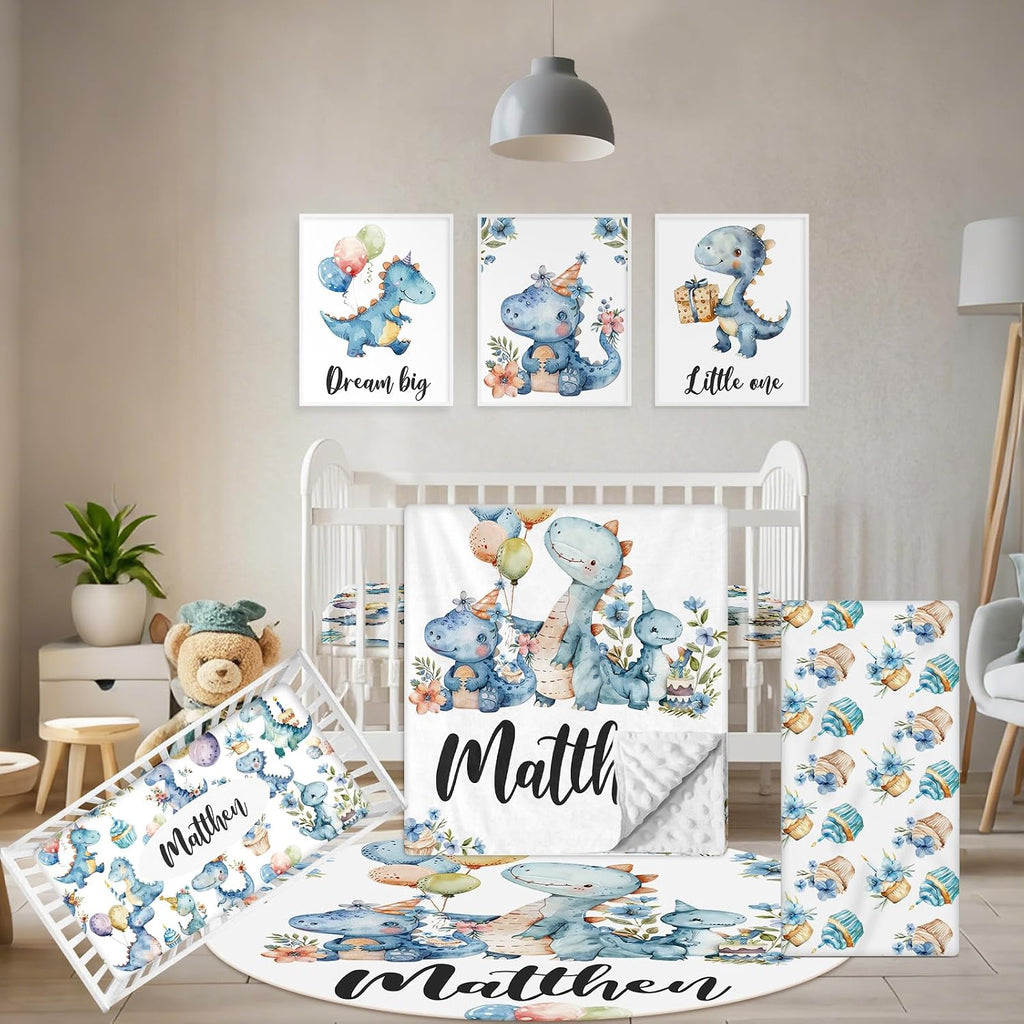 Terwex Custom Baby Crib Set - 5 Pcs Personalized Name Blue Dinosaur Crib Bedding Set for Infants Toddlers - Soft Double Layer Nursery Bedding Set for Boys - Customized Gifts for Baby Shower Birthday