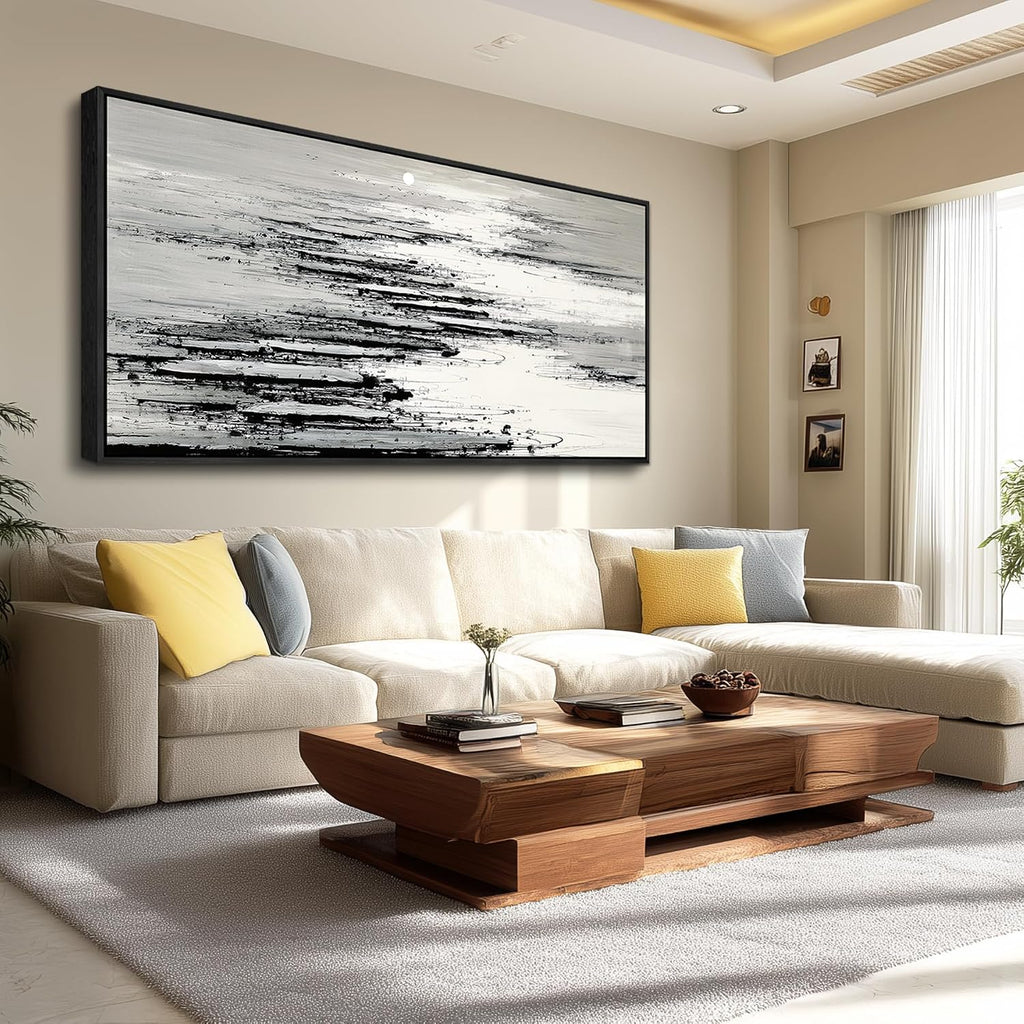 XIGUANGART Black and White Wall Art for Living Room Large Framed Canvas Print Minimalist Ocean Skyline Sunset Abstract Pictures Modern Painting For Bedroom Office Home Wall Decor Ready to Hang