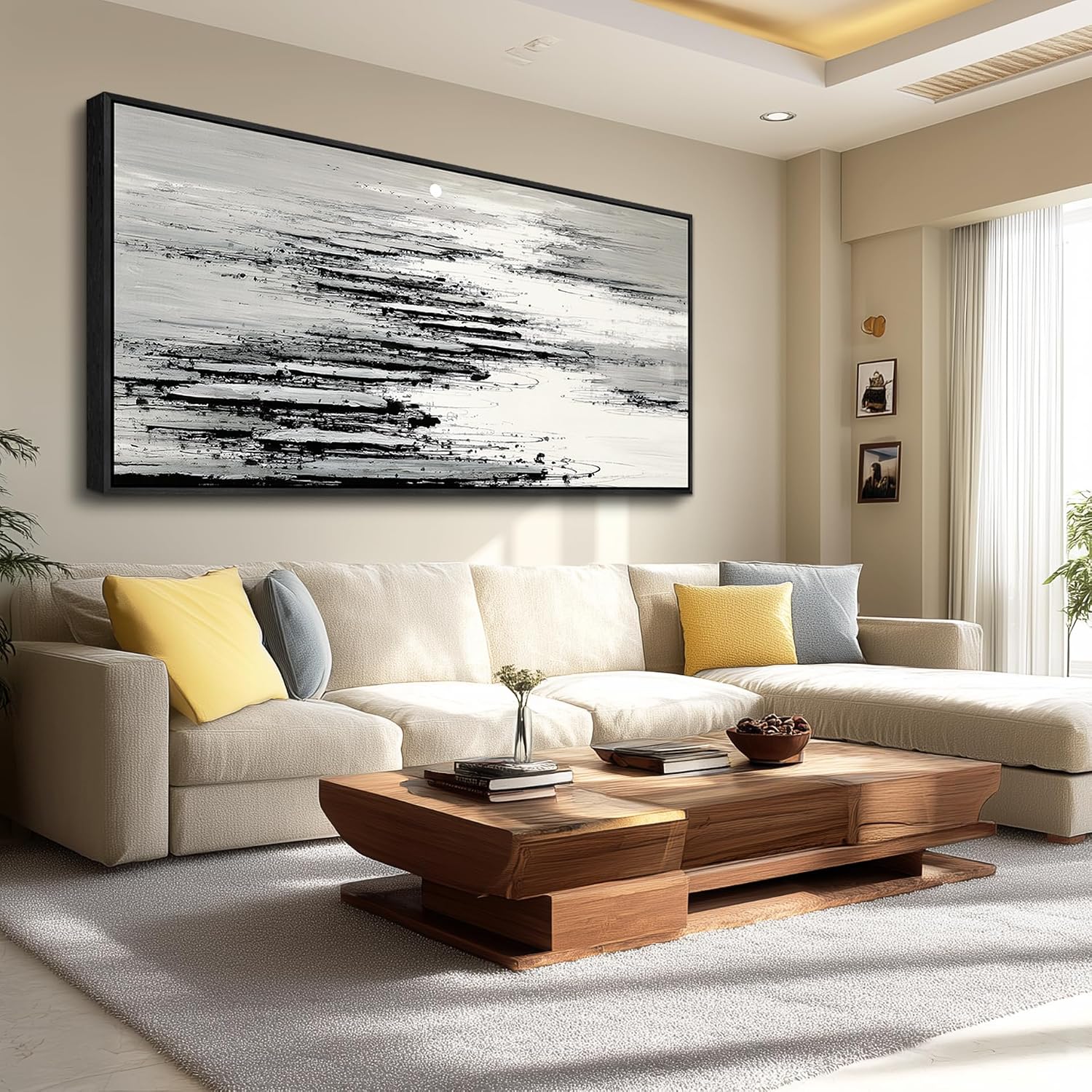 XIGUANGART Black and White Wall Art for Living Room Large Framed Canvas Print Minimalist Ocean Skyline Sunset Abstract Pictures Modern Painting For Bedroom Office Home Wall Decor Ready to Hang
