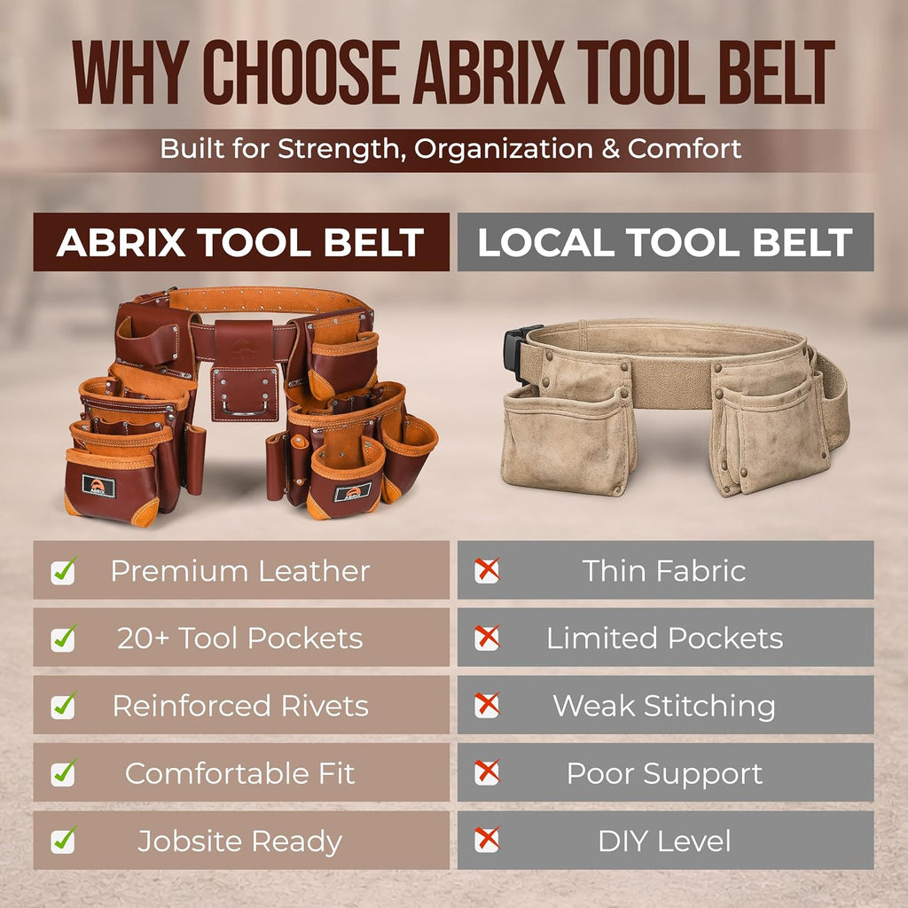 ABRIX Heavy Duty Tool Belt for Men – 4MM Thick Genuine Leather, Brass Buckle & Rivets | Foam Padded Comfort | 28-Pocket Carpenter & Framing Rig | Fits Waist 32 to 52 Inches | Professional Work Belt