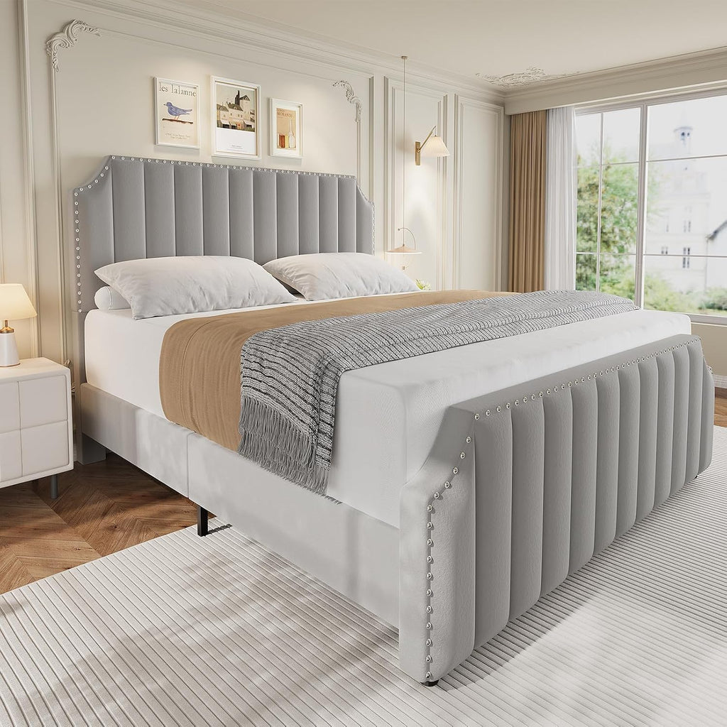 King Size Bed Frame, Platform Bed Frame with Velvet Upholstered 50.2'' Headboard, Rivet Decoration, Strong Wooden Slats, No Box Spring Needed, Easy Assembly, Grey