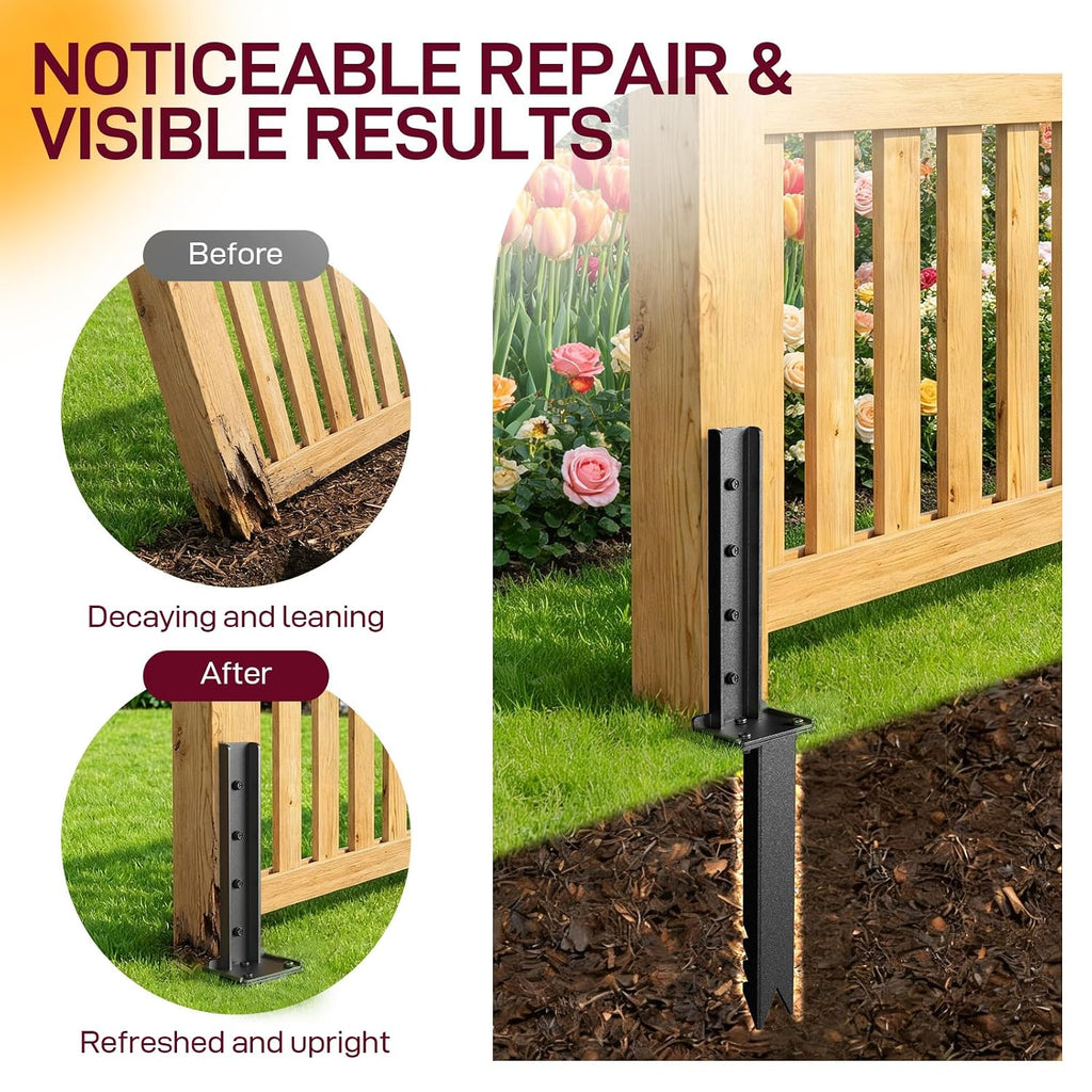 Goovilla Fence Post Repair Kit, 8Pcs Heavy Duty Fence Post Anchor Ground Stakes, Robust Quick-Fix Wood Support for Broken/Leaning/Tilted/Degraded Wood with Gloves/Installation, Easy to Install,Black