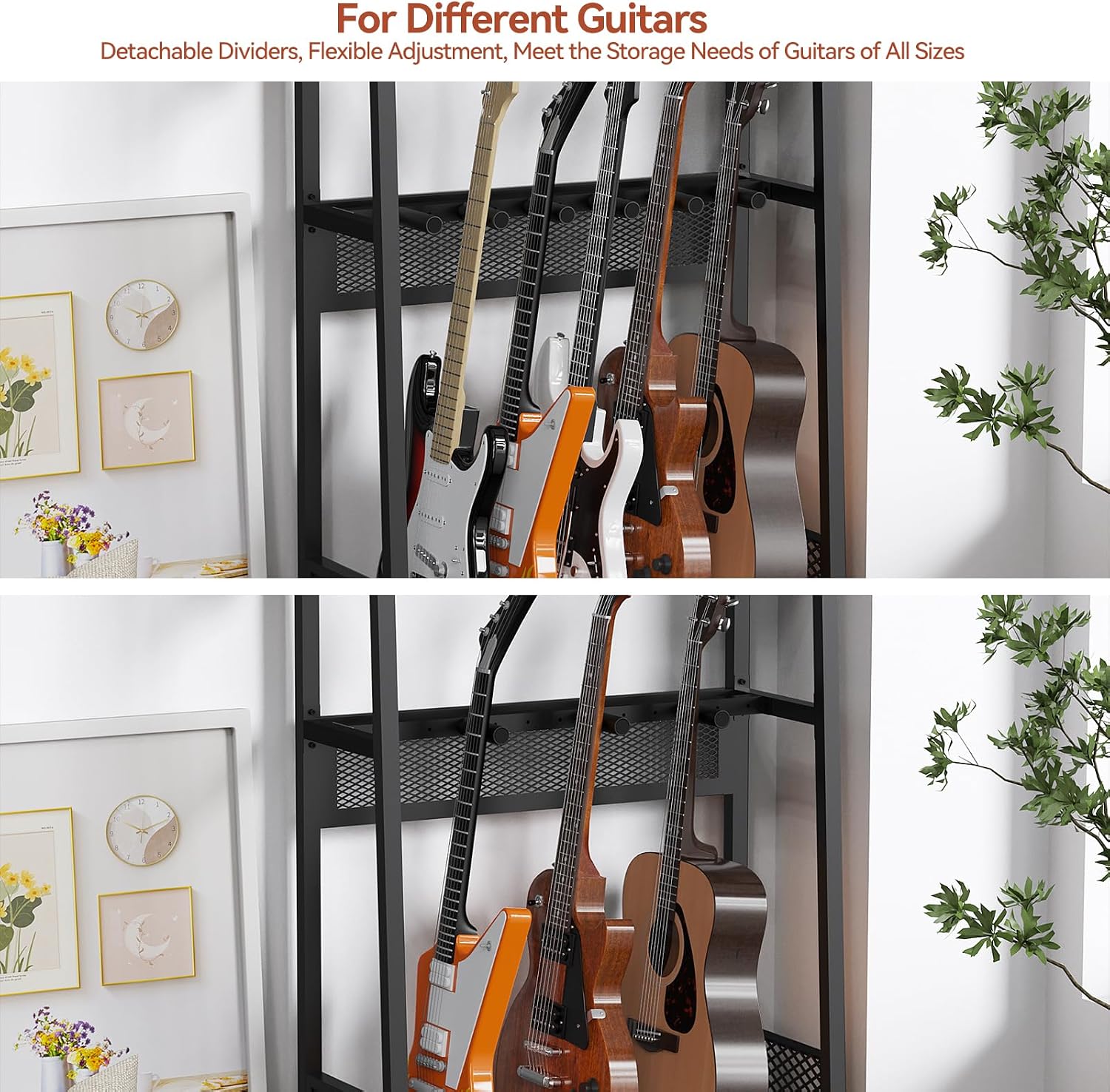EmberGlow Multi-Guitar Stand with Top Display Shelf - Heavy Duty 28lbs Metal Guitar Rack with Adjustable Spacing & Soft EVA Padding, Premium Instrument Holder for Acoustic, Electric, Bass, Ukulele, Model L (Brown)