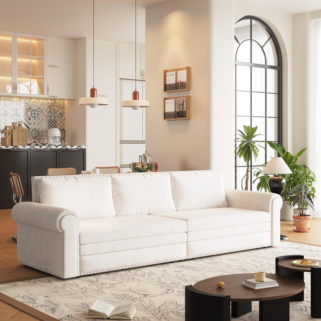 93.7' Pull Out Sofa Bed King Size with Pillows,3-in-1 Convertible Sleeper Couch with Nails Trim,Velvet Upholstered 3 Seater Sofabed for Living Room,Beige
