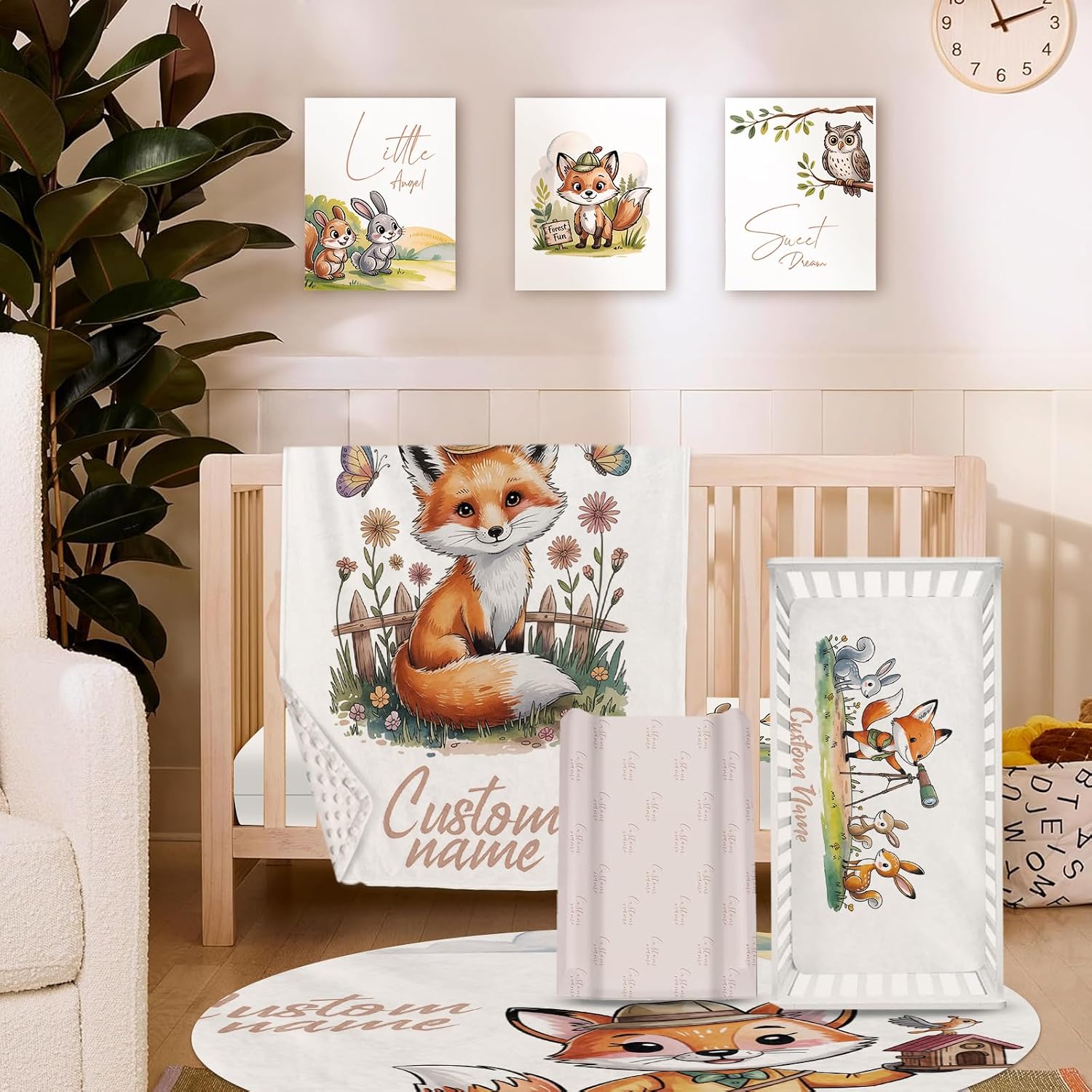 Personalized Crib Bedding Set for Baby Girls, Custom Name Baby Crib Sets 5-Pcs - Toddler Double Layer Blanket Fitted Sheet Changing Pad Cover Rug Wall Art Set, Fox Theme Nursery Décor