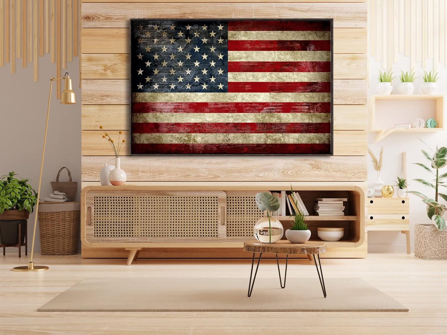Pyradecor Walnut Framed Wall Art Extra Large Old Vintage American Flag Canvas Prints Abstract Pictures Paintings for Living Room Office Home Decorations