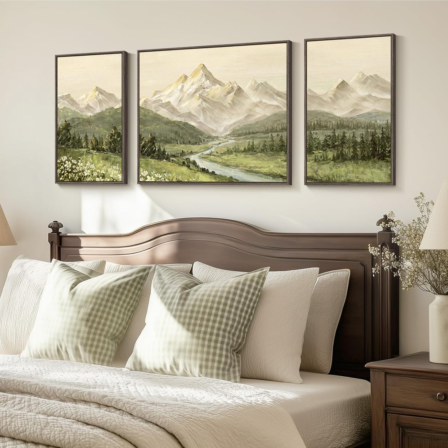 Large Framed Mountain Wall Art for Living Room, 3 Piece Modern Green Landscape Canvas Artworks, Forest River Nature Scenery Painting Prints for Bedroom Entryway Hallway Home Office Wall Decor