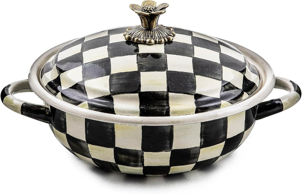 MACKENZIE-CHILDS Enamel Casserbole, Oven Baking Dish with Lid, Medium, Black-and-White Courtly Check