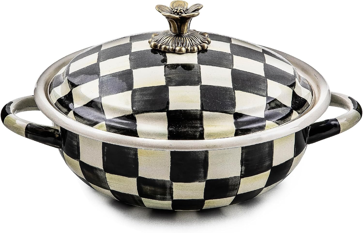 MACKENZIE-CHILDS Enamel Casserbole, Oven Baking Dish with Lid, Medium, Black-and-White Courtly Check