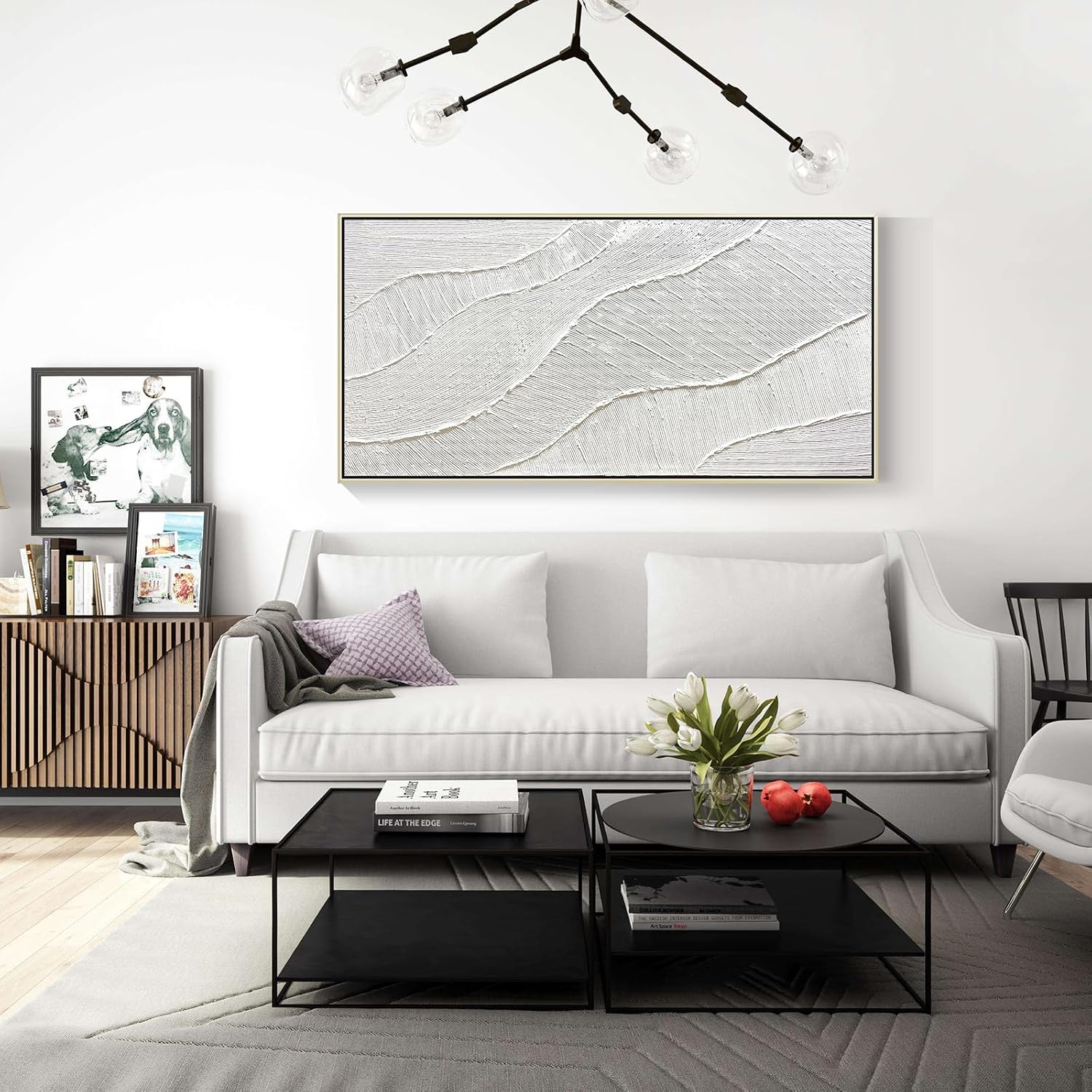 GeekMacro White Hand Painted Abstract Oil Painting Textured Wall Art - Large Framed 58x29 Minimalist Artwork Living Room Bedroom Horizontal Wall Decor